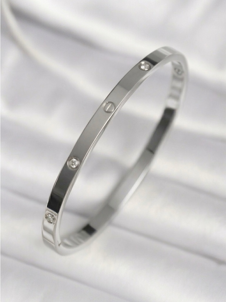 Silver Tone Thin Bangle Love Design Zirconia Stainless Steel Non-Tarnish